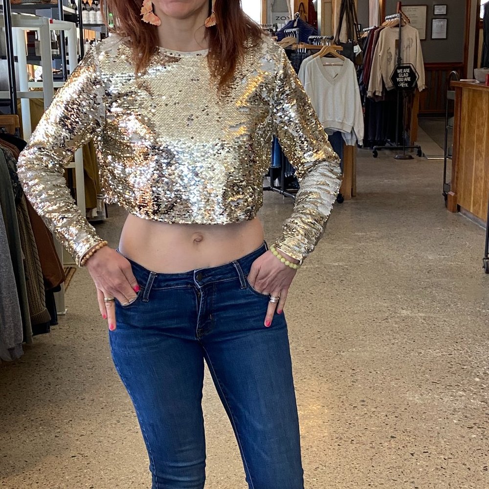 Gold Long Sleeve Sequin Crop